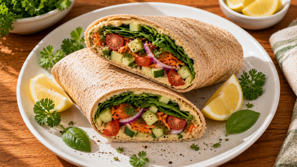 Mediterranean Hummus Veggie Wrap filled with hummus and fresh vegetables.