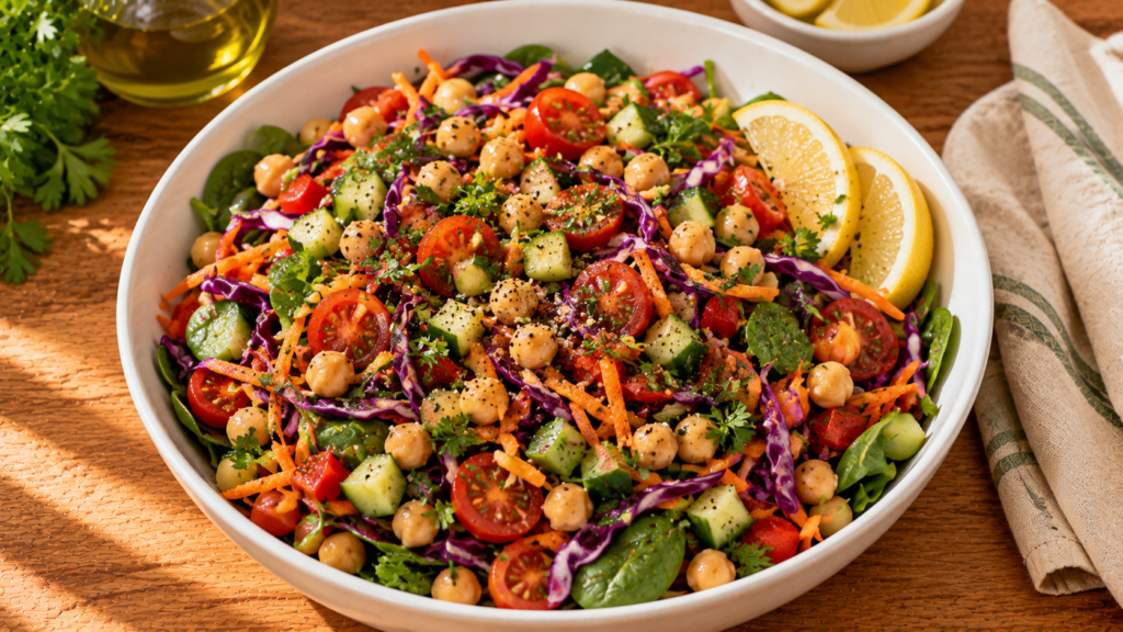 Rainbow Chickpea Crunch Salad with fresh vegetables, chickpeas, and lemon vinaigrette.
