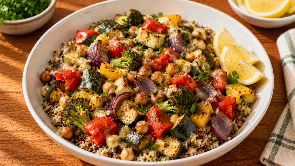 Roasted Vegetable Quinoa Lunch Bowl with roasted vegetables, quinoa, chickpeas, and fresh herbs.