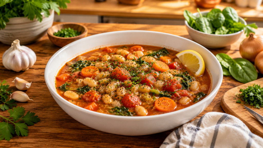 Rustic White Bean Tomato Stew with cannellini beans, vegetables, and herbs.