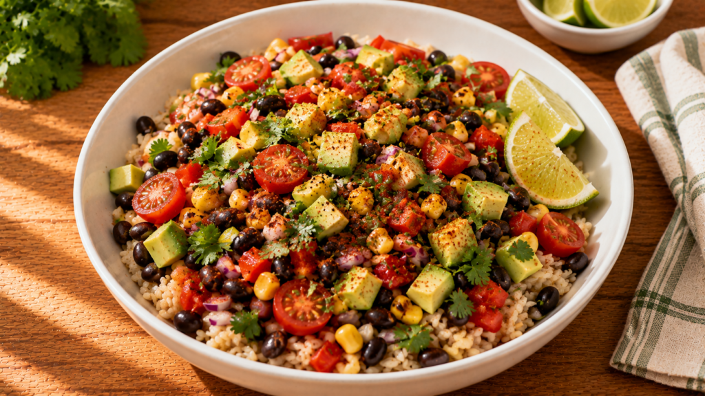 Southwest Black Bean Rice Bowl with brown rice, black beans, vegetables, avocado, and lime.