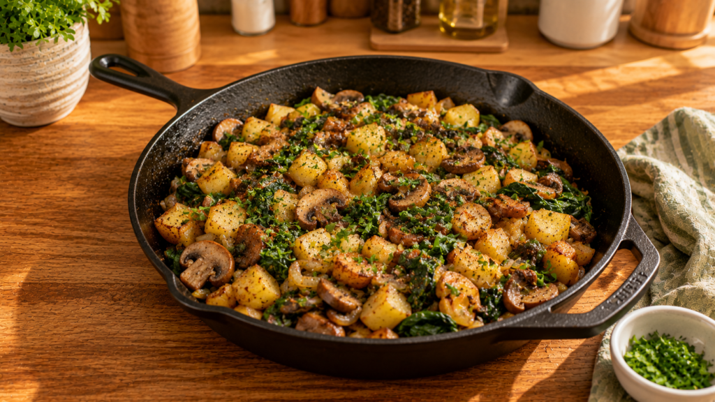 Spinach Mushroom Breakfast Skillet with potatoes, mushrooms, spinach, onions, and parsley.