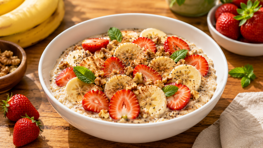 Strawberry Banana Breakfast Bowl topped with fresh strawberries, bananas, walnuts, and chia seeds.