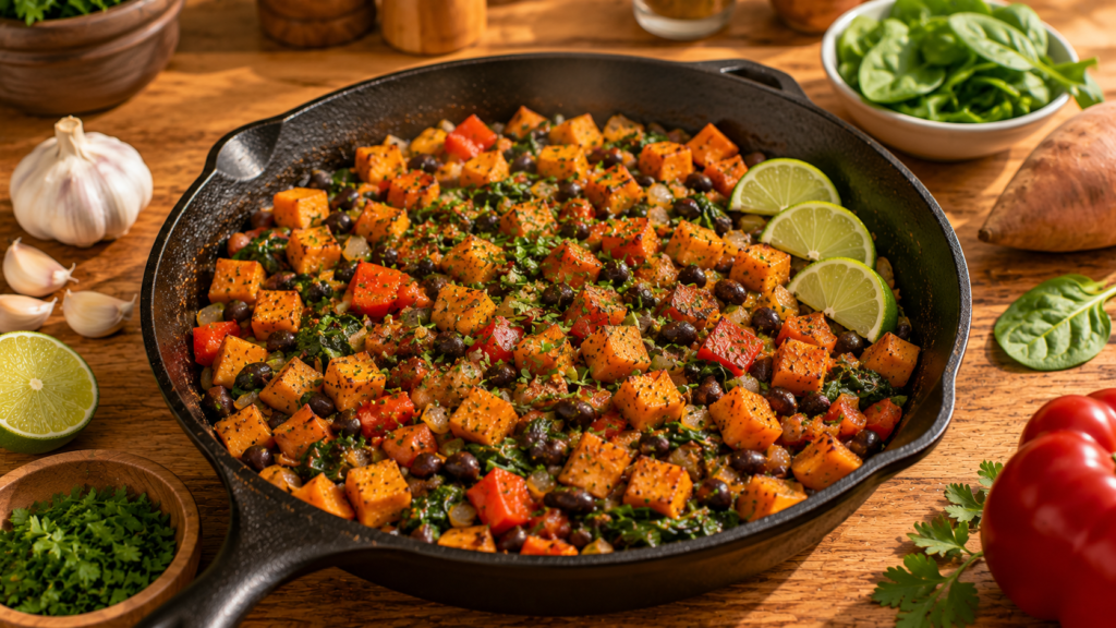 Sweet Potato Black Bean Harvest Skillet with roasted sweet potatoes, black beans, spinach, peppers, and herbs.