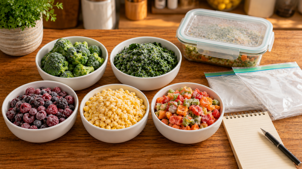 Five everyday frozen ingredients arranged on a kitchen countertop for simple meal planning.