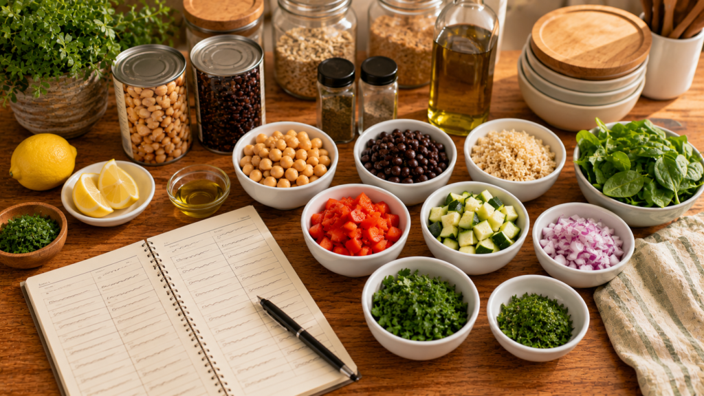 Everyday meal-building ingredients arranged beside a handwritten dinner planning worksheet.