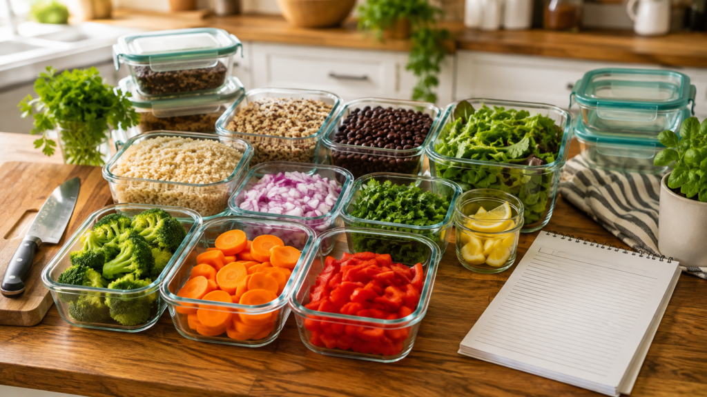 Prepared vegetables, grains, and meal prep containers organized for the week.