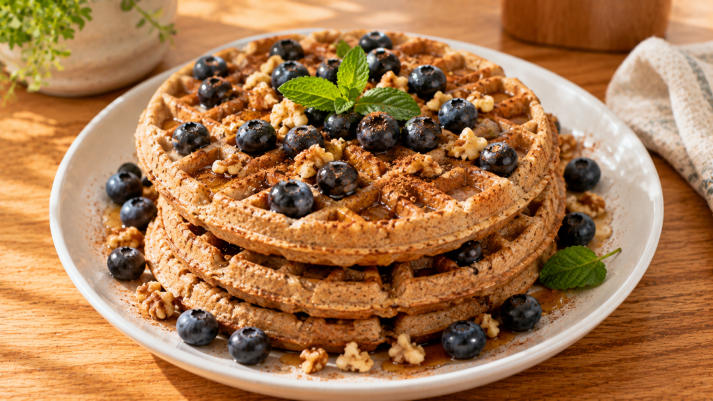 Whole Grain Blueberry Waffles topped with fresh blueberries and maple syrup.