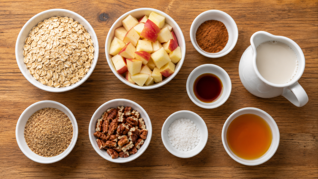 Ingredients on warm countertop for Apple Cinnamon Bowl