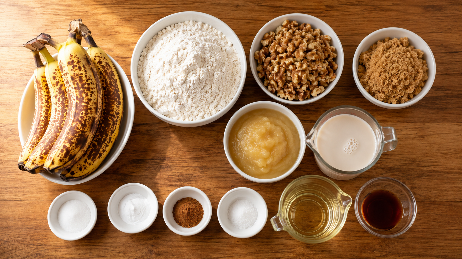 Ingredients for banana walnut bread including ripe bananas, flour, walnuts, brown sugar and cinnamon