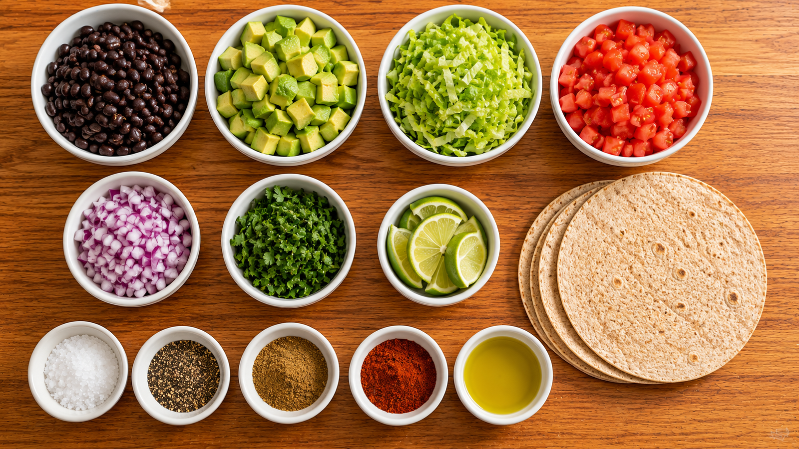 Fresh ingredients for Creamy Avocado Black Bean Wrap.