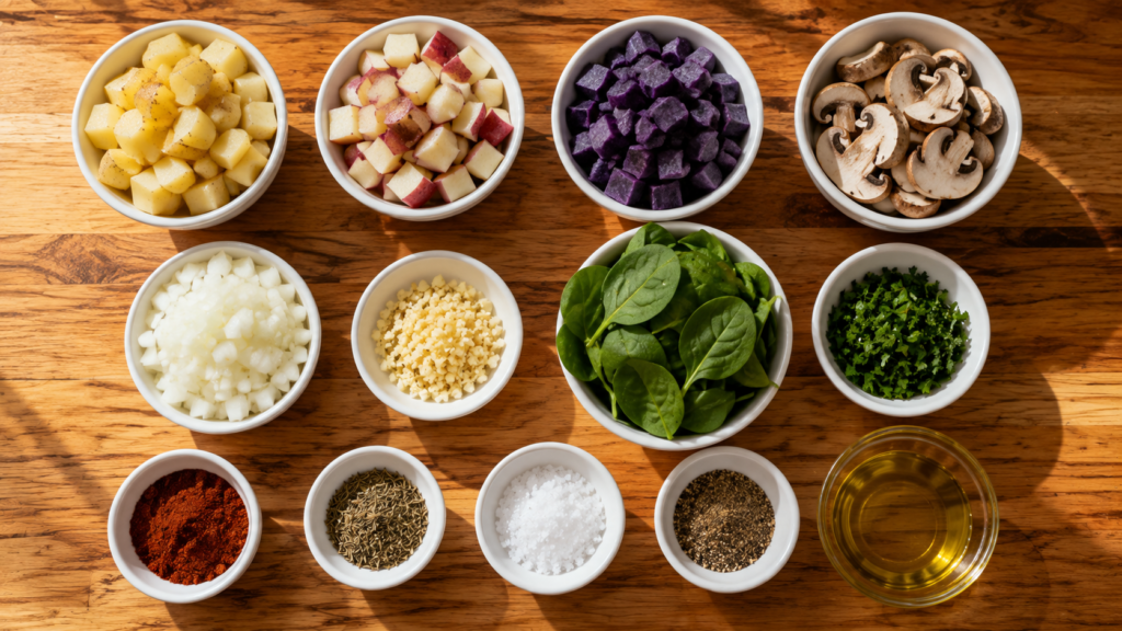 Fresh ingredients arranged for Savory Mushroom Potato Breakfast Skillet.