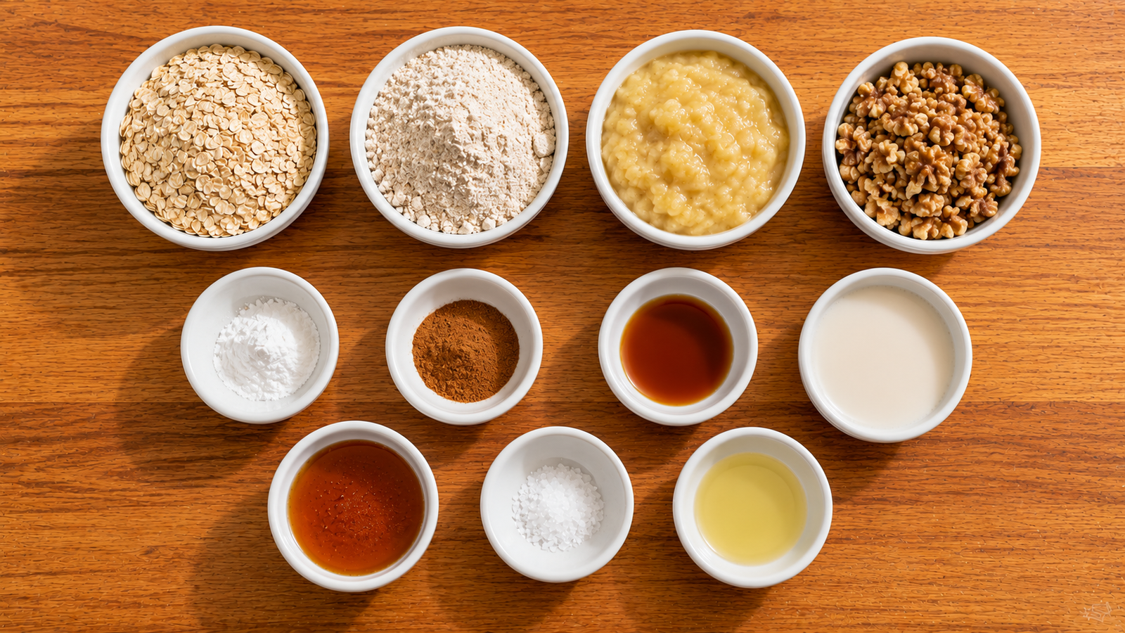 Fresh ingredients for Banana Walnut Oat Pancakes.