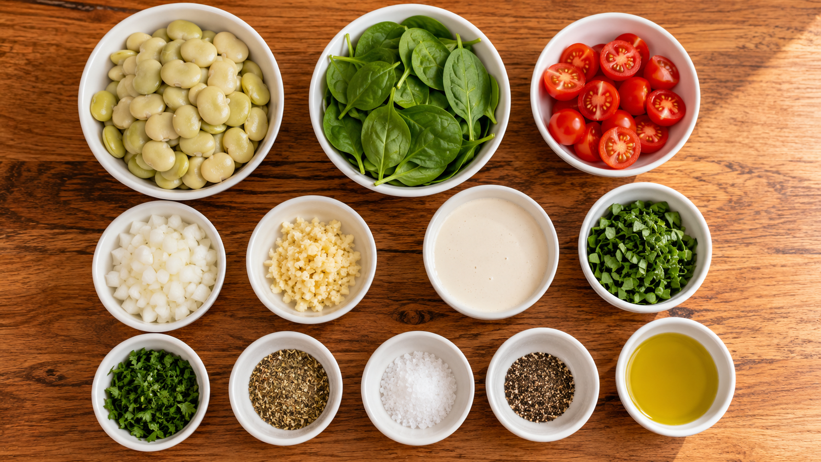 Fresh ingredients for Creamy Tuscan Butter Bean Skillet.