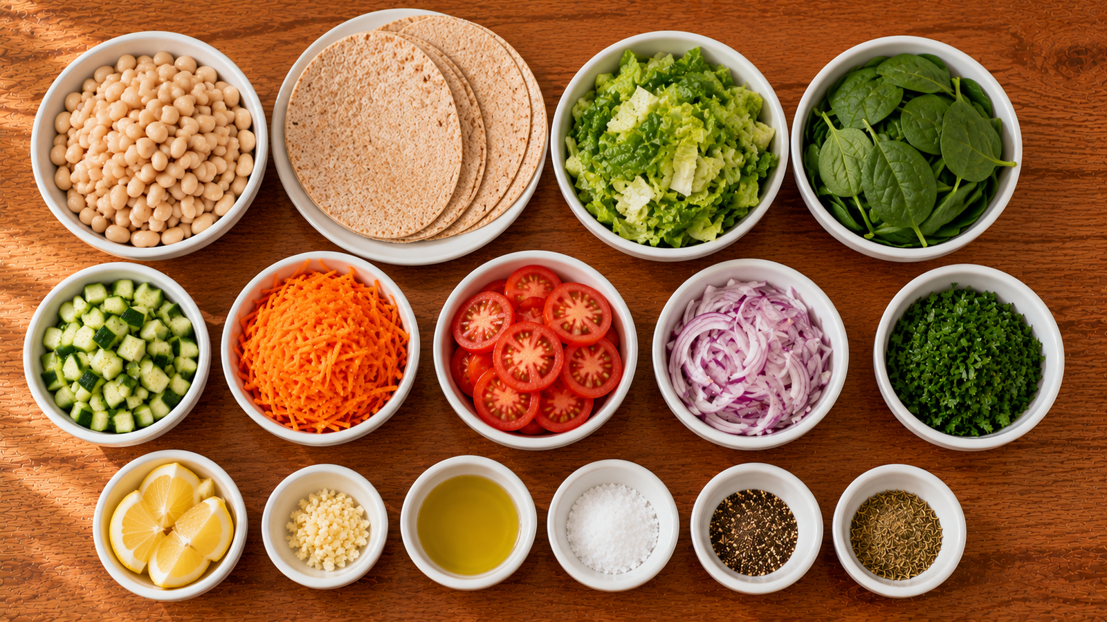 Fresh ingredients for Creamy White Bean Veggie Wrap.
