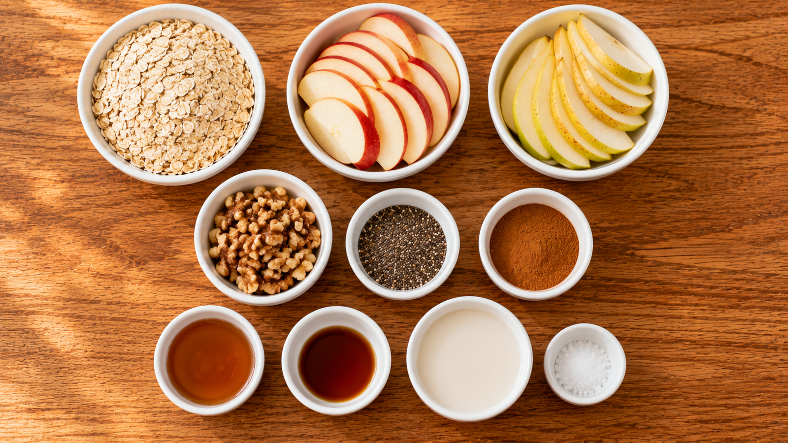 Fresh ingredients for Harvest Apple Pear Breakfast Bowl.