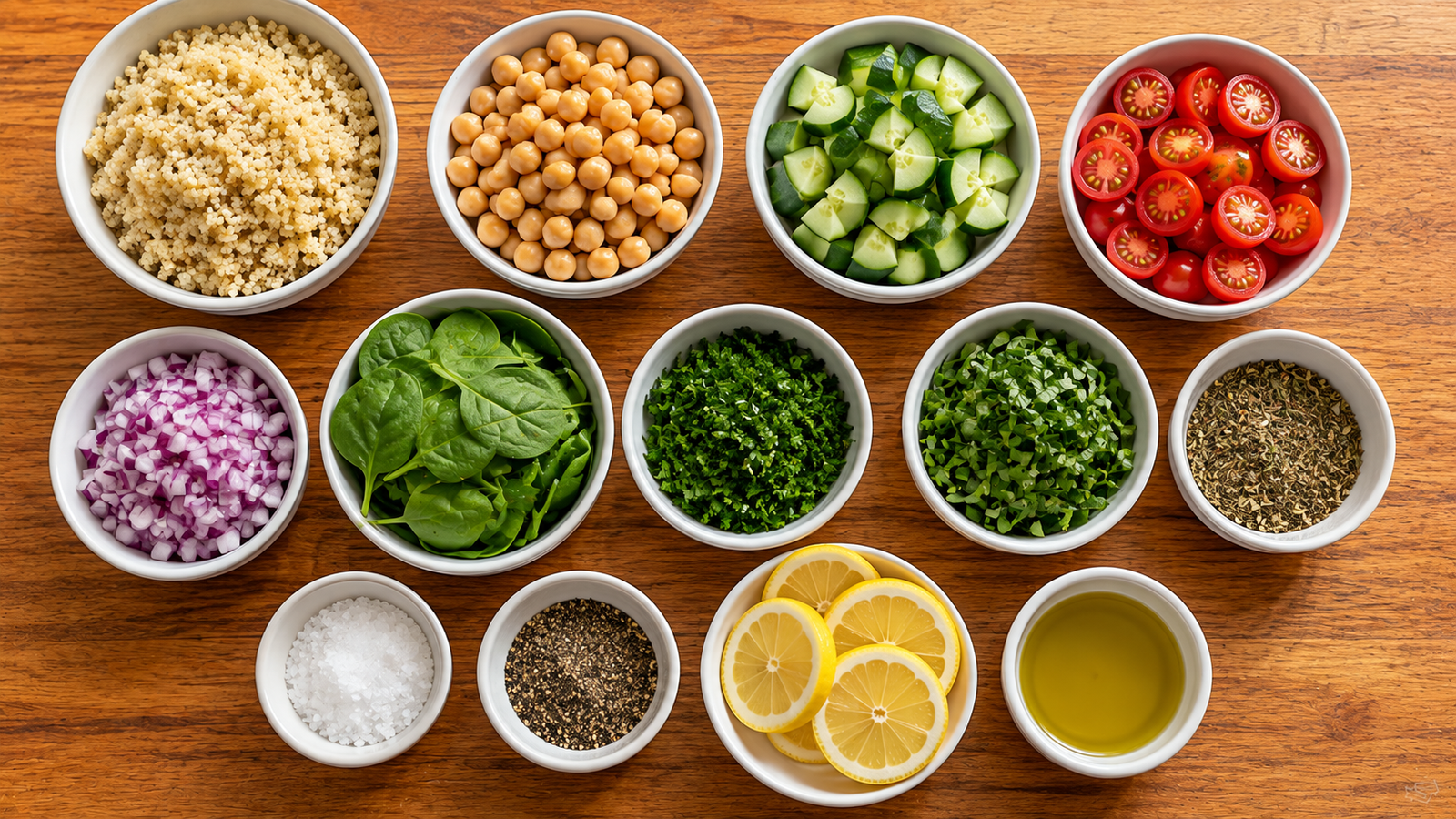 Fresh ingredients for Lemon Herb Chickpea Quinoa Bowl.