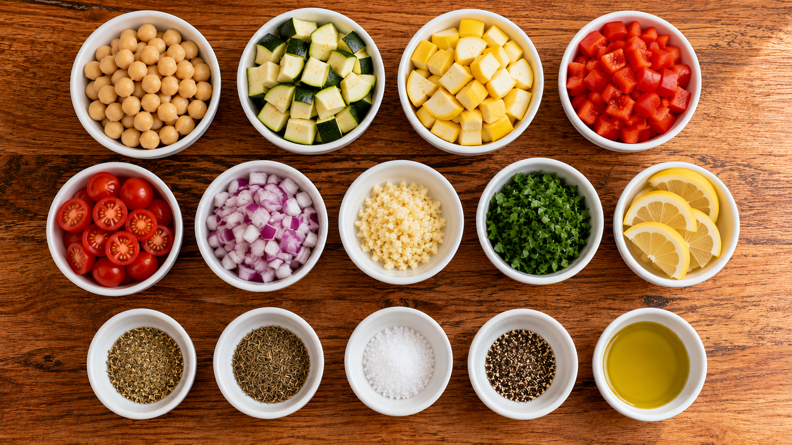 Fresh ingredients for Lemon Herb Chickpea Vegetable Bake.
