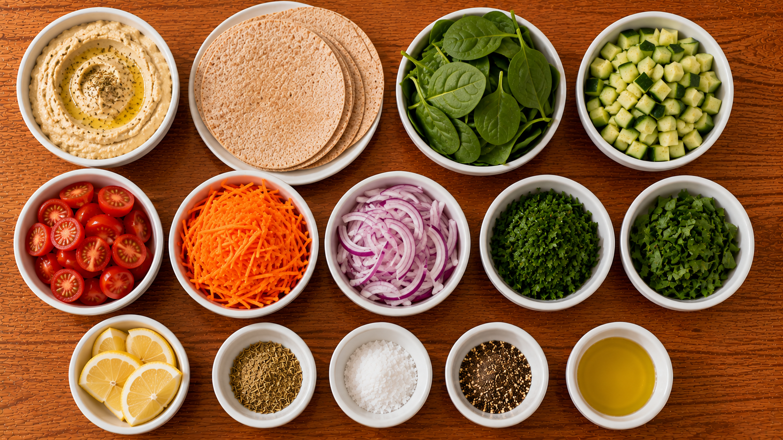 Fresh ingredients for Mediterranean Hummus Veggie Wrap.