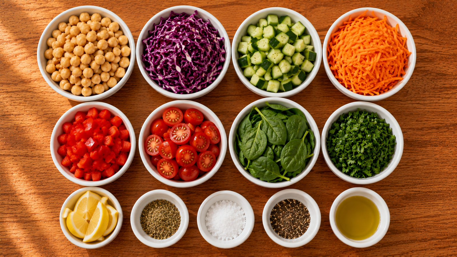 Fresh ingredients for Rainbow Chickpea Crunch Salad.