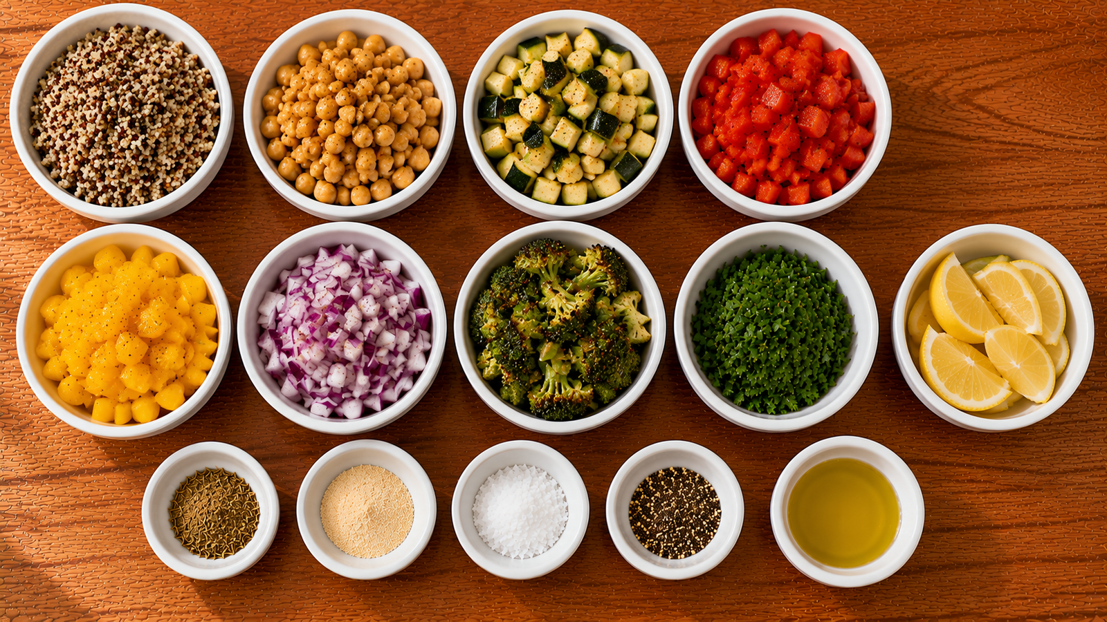 Fresh ingredients for Roasted Vegetable Quinoa Lunch Bowl.