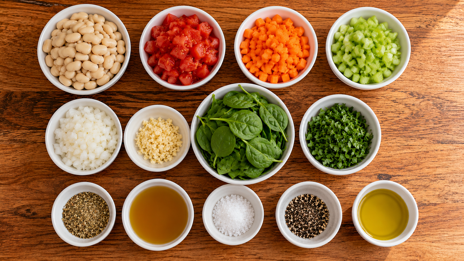 Fresh ingredients for Rustic White Bean Tomato Stew.