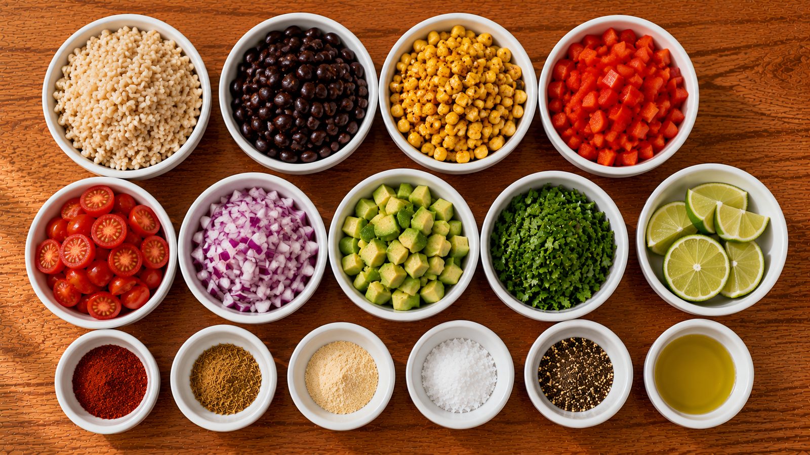 Fresh ingredients for Southwest Black Bean Rice Bowl.