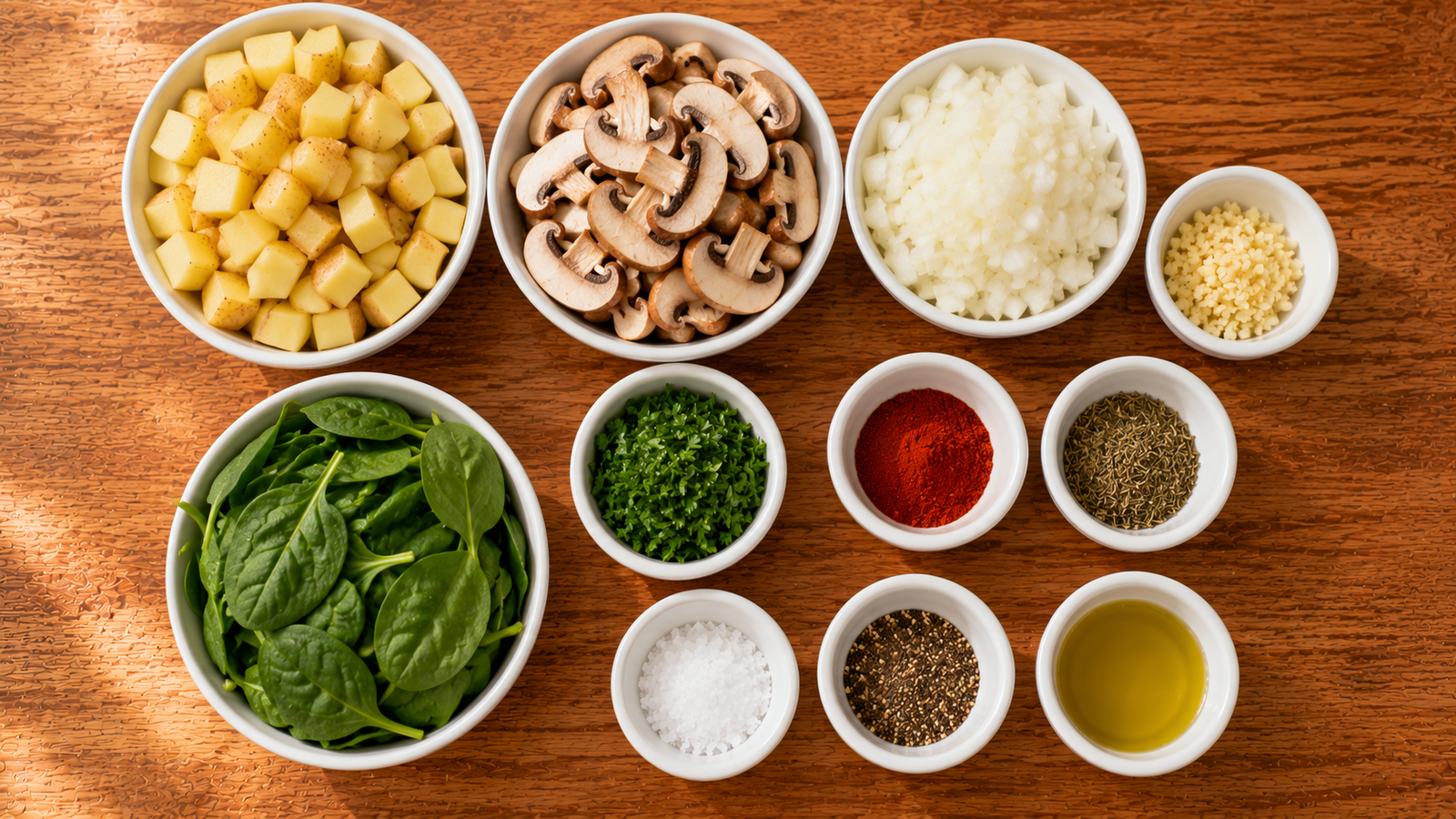 Fresh ingredients for Spinach Mushroom Breakfast Skillet.