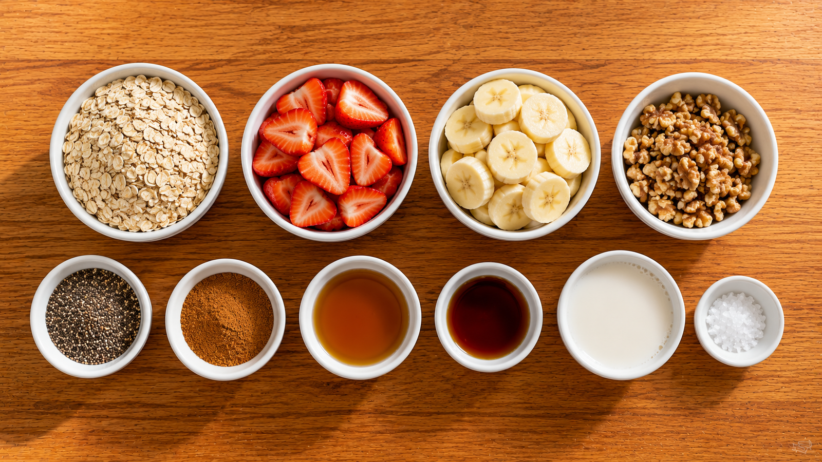 Fresh ingredients for Strawberry Banana Breakfast Bowl.