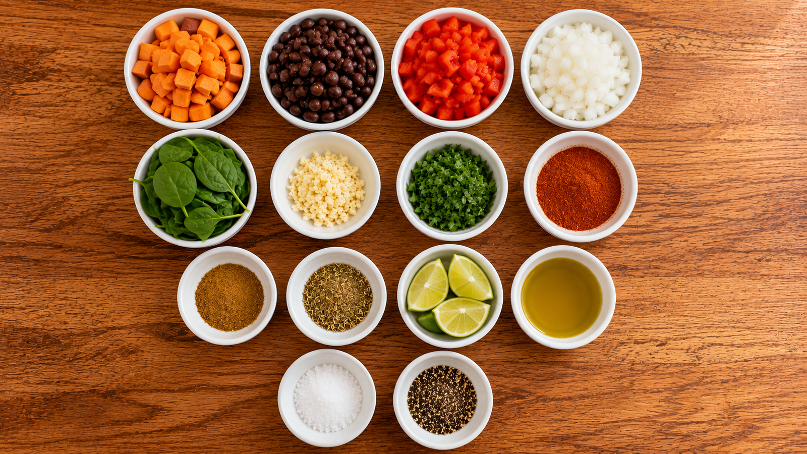 Fresh ingredients for Sweet Potato Black Bean Harvest Skillet.