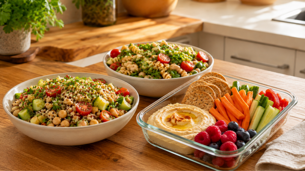 Easy cold lunch ideas with grain bowls, pasta salad, hummus and fresh vegetables