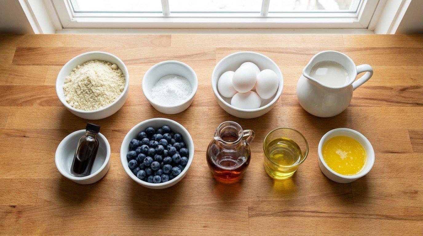 Ingredients arranged for almond flour blueberry pancakes.