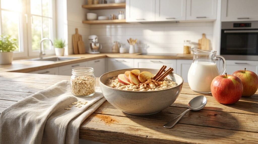 Warm Apple Cinnamon Breakfast Bowl topped with cinnamon-spiced apples, chopped pecans, and maple syrup.