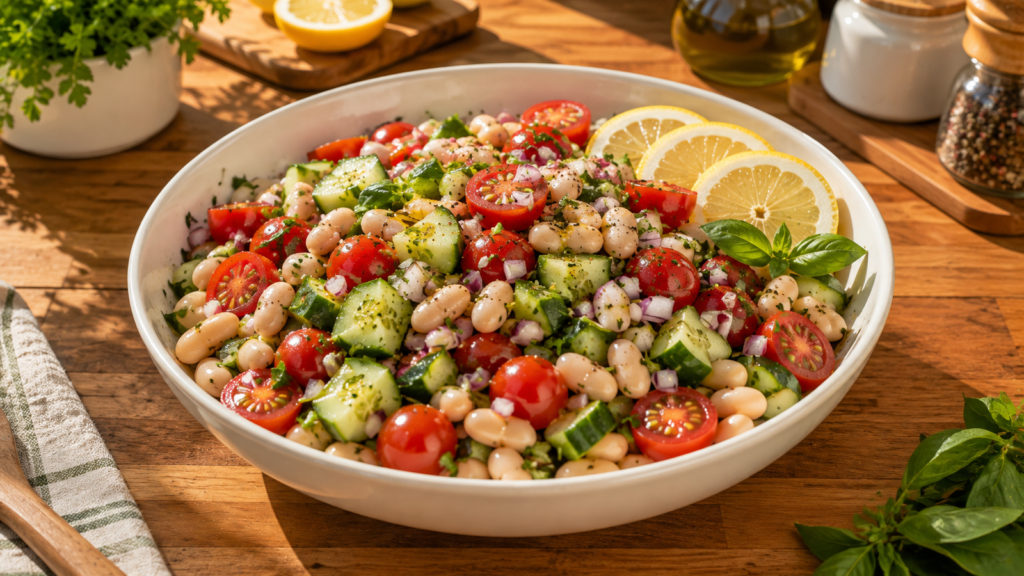 Mediterranean White Bean Cucumber Lunch Bowl with cannellini beans, cucumber, tomatoes, parsley, basil, and lemon.