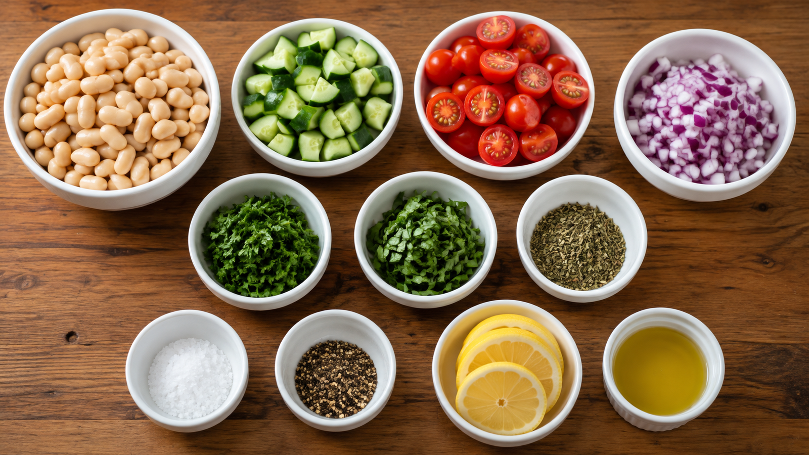 Ingredients for Mediterranean White Bean Cucumber Lunch Bowl arranged in individual white bowls.