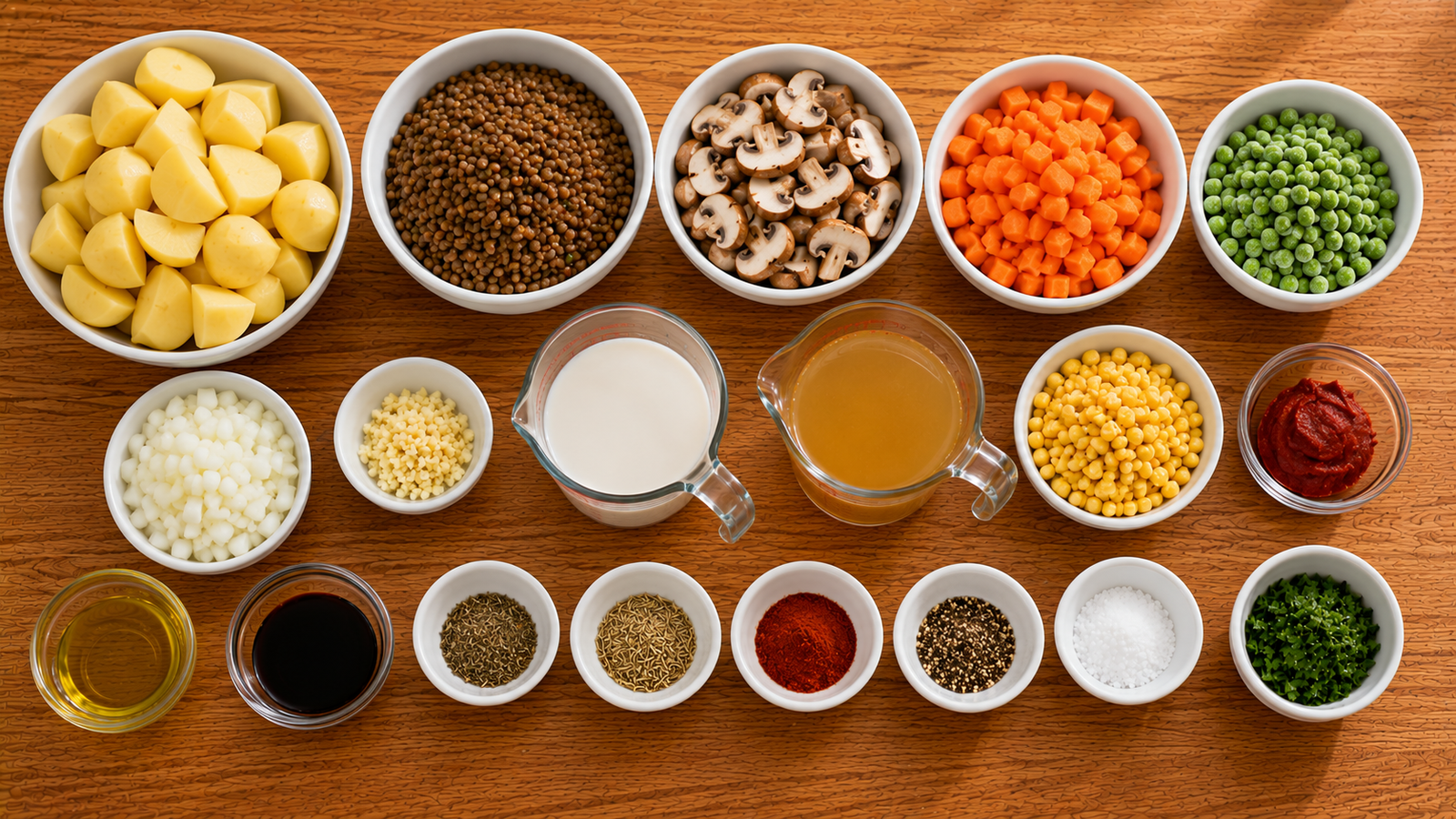 Ingredients for lentil shepherd’s pie with potatoes, mushrooms, carrots, peas and corn
