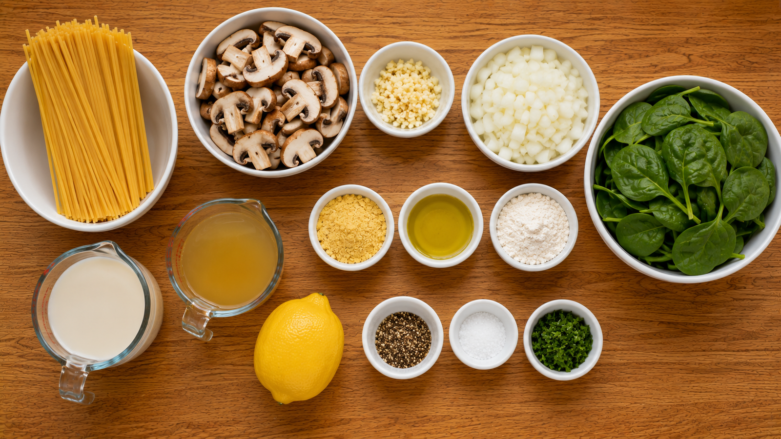 Ingredients for creamy garlic mushroom pasta with spinach and plant milk