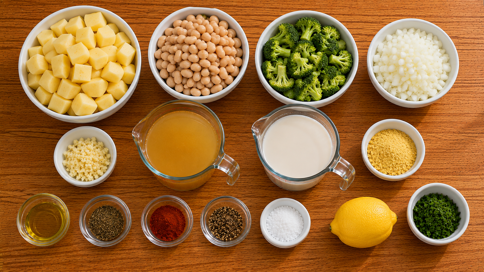 Ingredients for creamy white bean broccoli potato soup