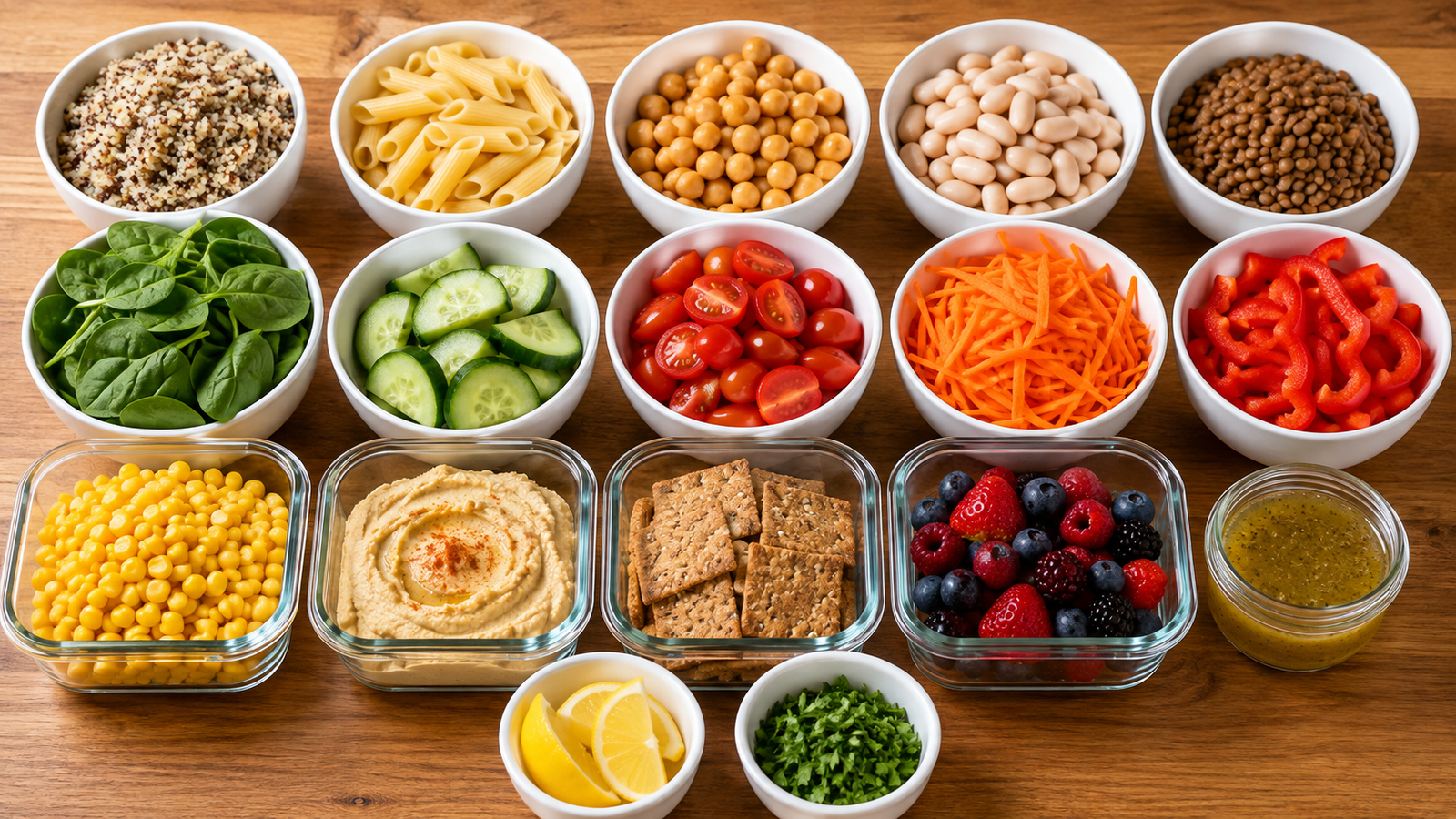 Ingredients for cold lunches including grains, beans, pasta, vegetables and hummus