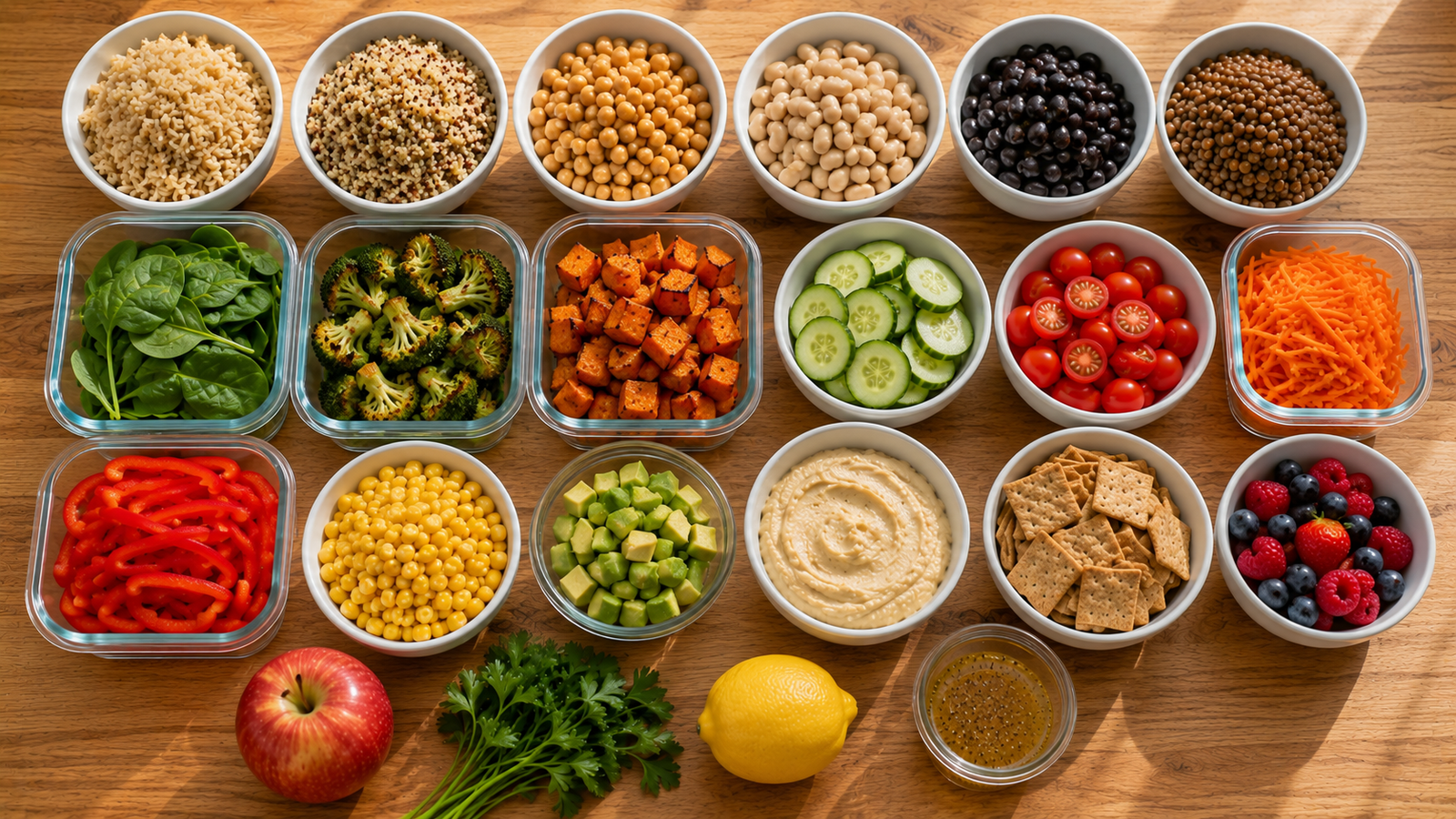 Ingredients for healthy work lunches including grains, beans, vegetables, hummus and fruit