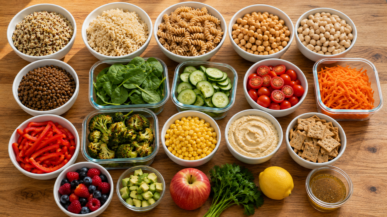 Ingredients for packed adult lunches including grains, beans, vegetables, hummus and fruit