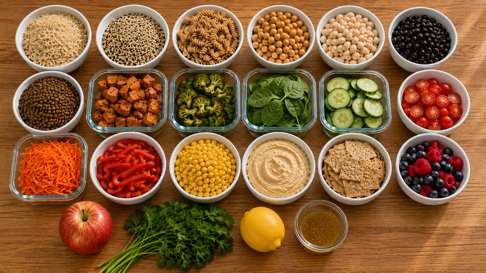 Ingredients for prep-ahead work lunches including grains, beans, vegetables and hummus