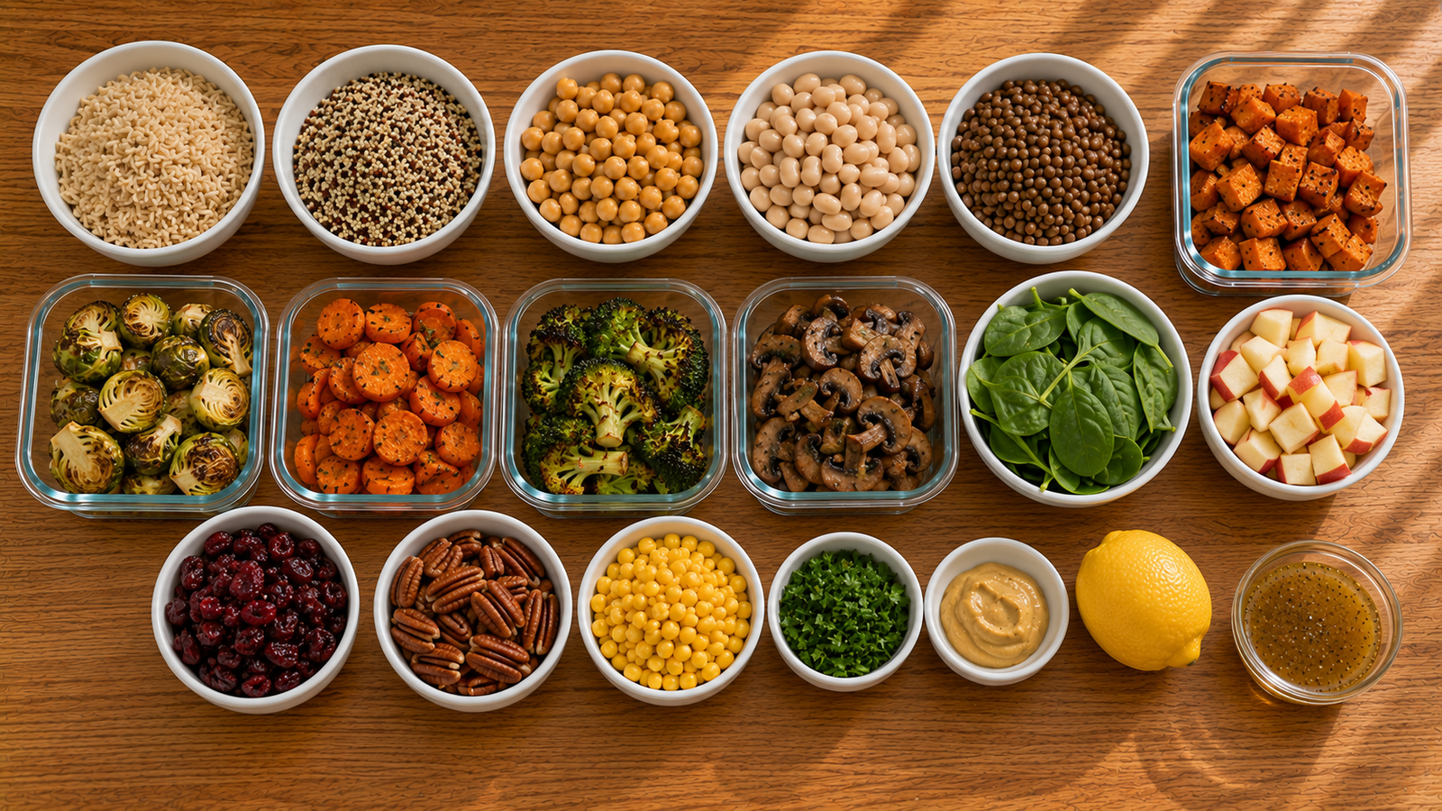 Ingredients for fall lunches including grains, beans, lentils, roasted vegetables and apples