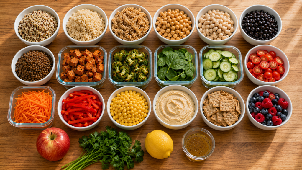 Ingredients for make-ahead lunches including grains, beans, vegetables and hummus