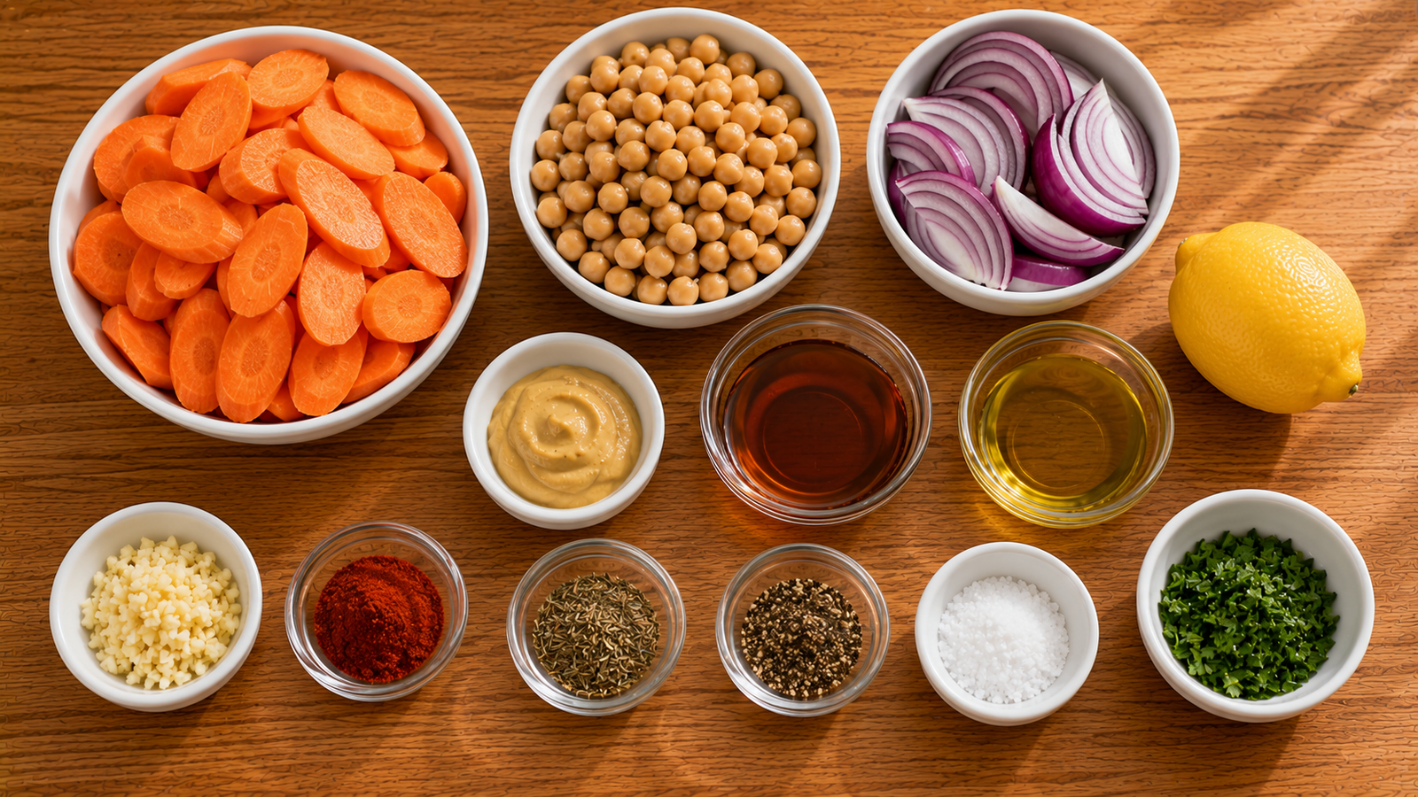 Ingredients for maple Dijon roasted carrots and chickpeas with red onion
