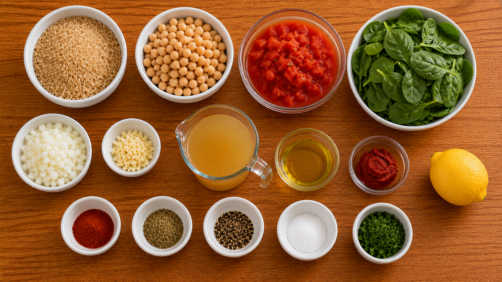 Ingredients for one-pot tomato spinach rice and chickpeas