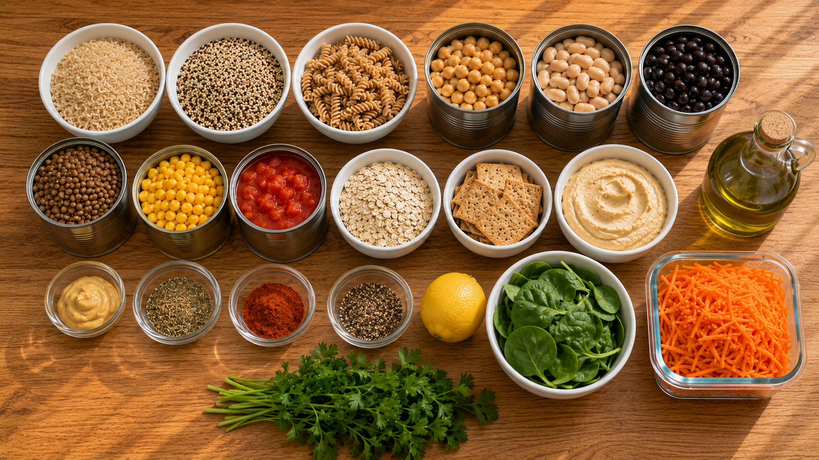 Pantry staples for simple lunches including beans, rice, pasta, lentils and canned vegetables