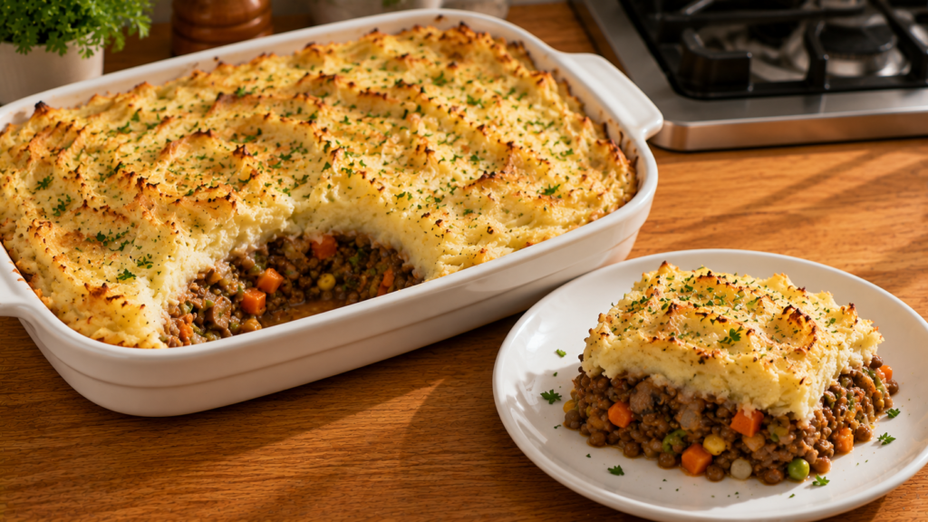 Cozy lentil shepherd’s pie with mashed potatoes, vegetables and savory lentil filling