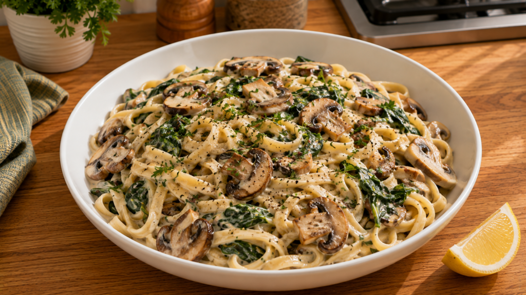 Creamy garlic mushroom pasta with spinach and fresh parsley