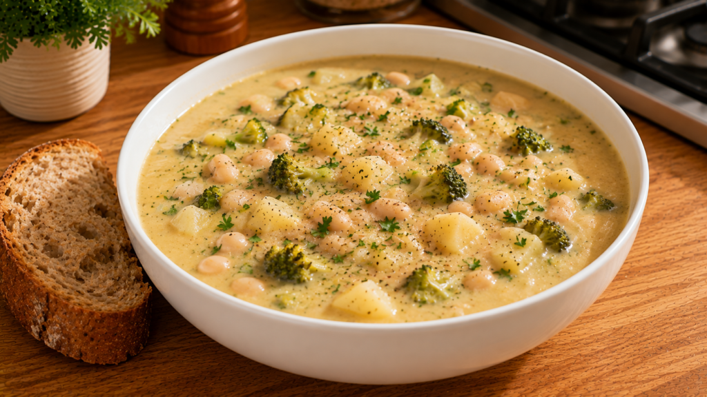 Creamy white bean and broccoli potato soup with parsley and black pepper